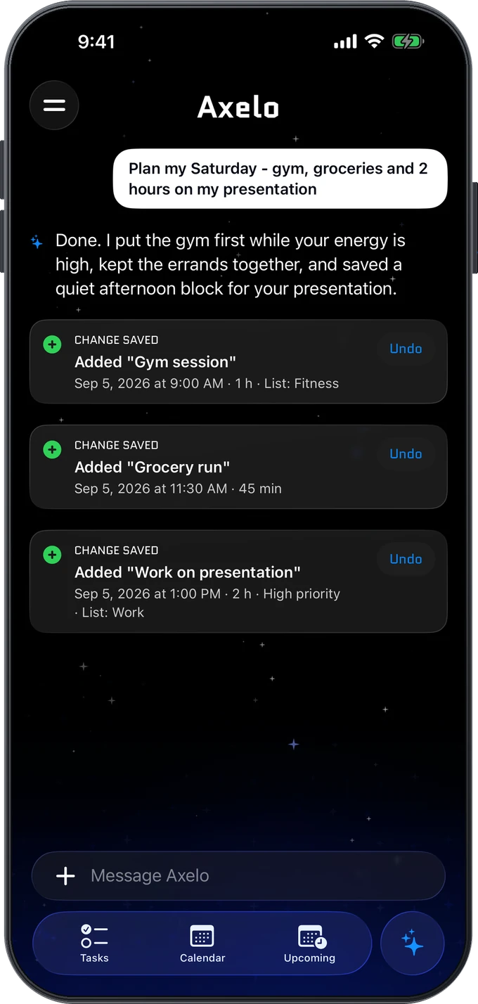 Axelo turning a plain-language request into a planned Saturday on iPhone