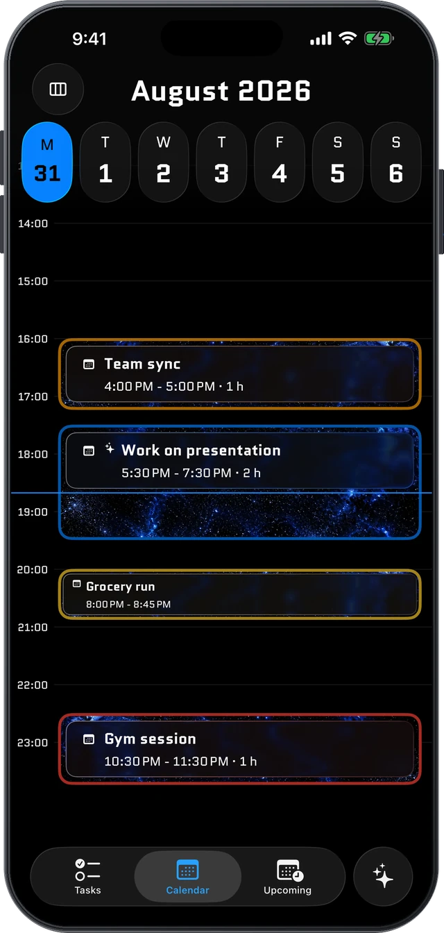 Axelo day calendar with tasks arranged into time blocks