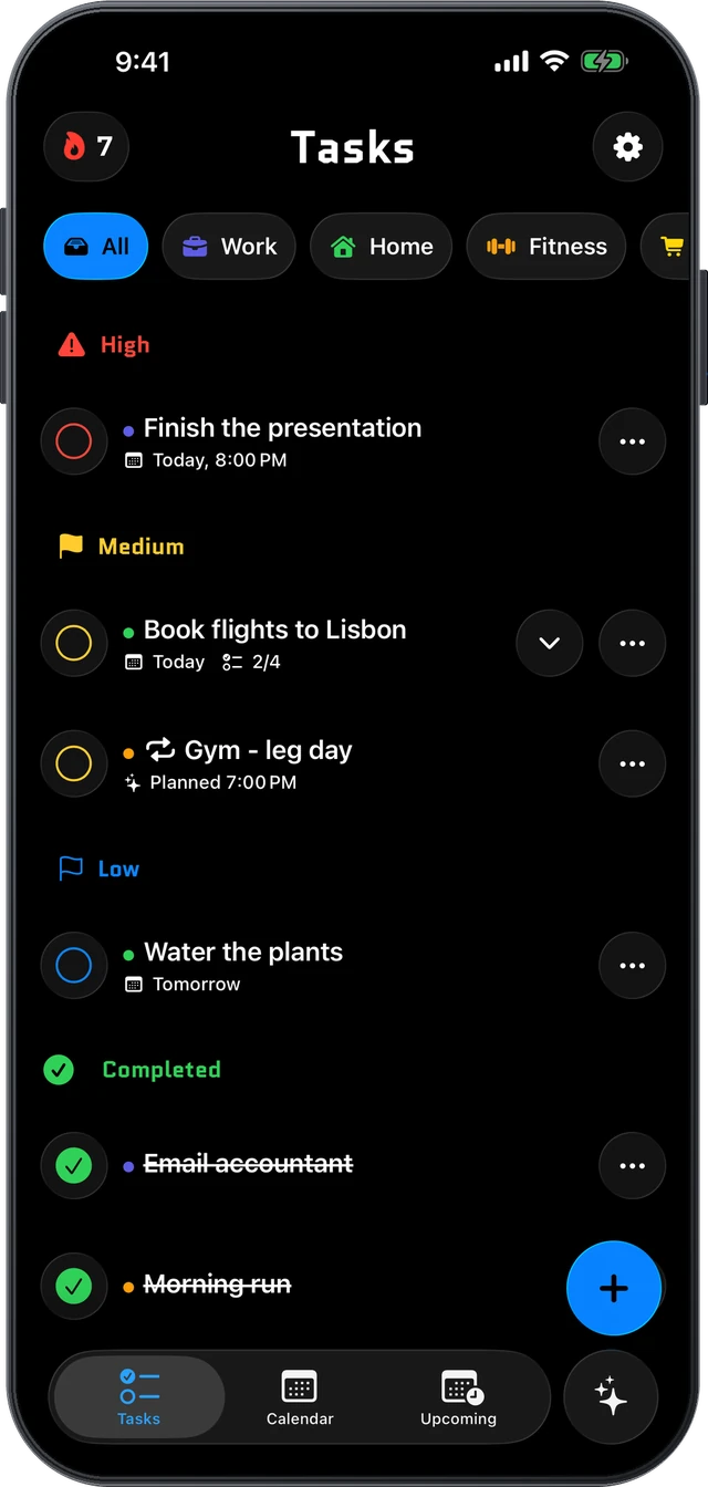Axelo Tasks screen sorted into high, medium, low, and completed priorities