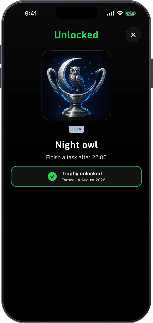 Axelo Night Owl trophy unlocked after completing a late task