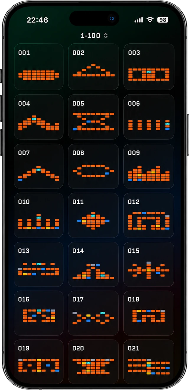BrickByte level select on iPhone: a grid of numbered levels, each previewing its own orange brick formation