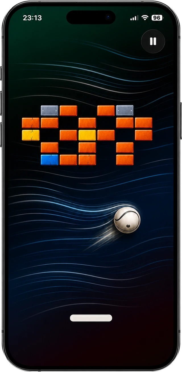 BrickByte wind level on iPhone: blue wind currents bending across the board as the ivory ball curves under orange and steel bricks